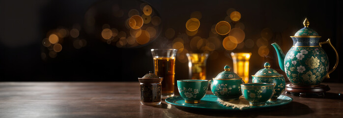 Green herbal  tea in decorative teapot on wooden table. Panoramic banner for tearoom, herbal store, cafe, restaurant, resort, hotel. Generative AI.