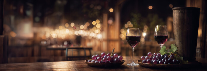Red wine glasses and grapes in winery. Panoramic banner, header, background for restaurant, hotel, event, tourism, travel. Generative AI. - obrazy, fototapety, plakaty