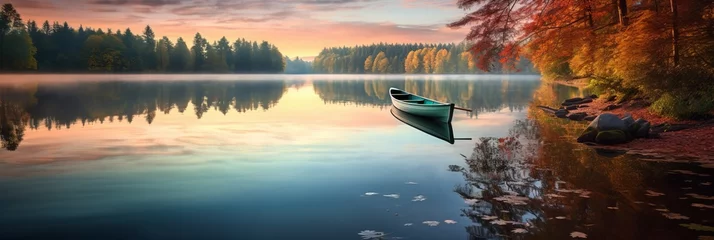 Foto op Canvas A peaceful sunset scene on a calm lake with reflections and a rowing boat © Wolfilser