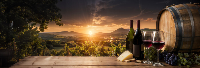 Wine bottles and glasses, wooden wine barrel in winery, sunset over valley, hills. Panoramic banner, header, background for restaurant, hotel, tuscany, tourism, travel. Generative AI. - obrazy, fototapety, plakaty