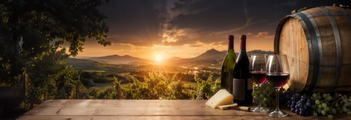 Papier Peint photo autocollant Toscane Wine bottles and glasses, wooden wine barrel in winery, sunset over valley, hills. Panoramic banner, header, background for restaurant, hotel, tuscany, tourism, travel. Generative AI.