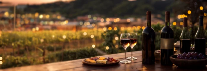 Gordijnen Wine bottles and glasses, wooden wine barrel in winery, sunset over valley, hills. Panoramic banner, header, background for restaurant, hotel, tuscany, tourism, travel. Generative AI. ©  DigitalMerchant