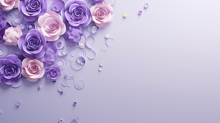 Purple paper flowers on a purple background with confetti. This vibrant and festive asset is great for wedding invitations, greeting cards, party decorations,  Mother's Day and Valentine Day - obrazy, fototapety, plakaty