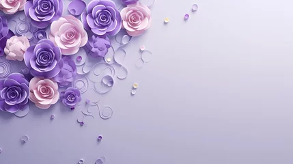 Foto op Plexiglas Purple paper flowers on a purple background with confetti. This vibrant and festive asset is great for wedding invitations, greeting cards, party decorations,  Mother's Day and Valentine Day © Planetz