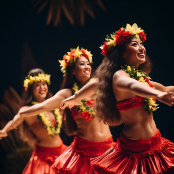 women hula dancers in hawaii on stage.