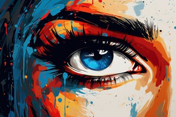  a painting of a woman's eye with blue and red paint splatters on the upper part of her face.