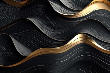  a black and gold wallpaper with wavy lines in the shape of waves and a gold stripe on the left side of the wall.