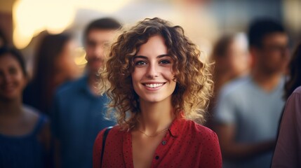 Fototapeta premium Happy and pretty woman stands in crowd and laughs