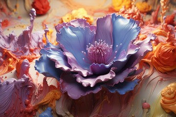  a large purple flower sitting on top of a cake covered in frosted icing and sprinkles.