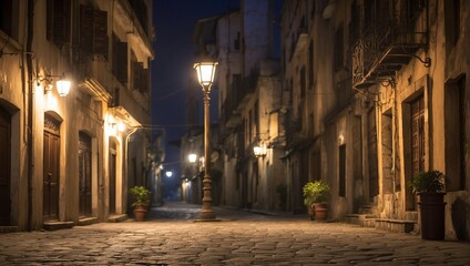 Fototapeta na wymiar A solitary street lamp stands tall in the ancient city, casting a warm glow on the cobblestone streets below.