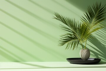  a potted plant sitting on top of a table next to a shadow of a palm tree on the wall.