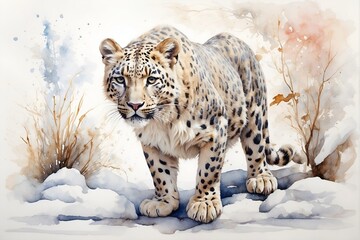 a charming and lively snowy leopard stands In a beautifully crafted watercolor painting, against a tranquil white backdrop.