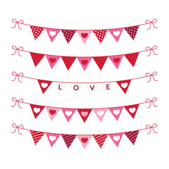 Cute valentine's day bunting flags. Happy Vday Hanging banner. Valentines elements in simple modern minimalist style. Pastel color greeting card. Geometric vector illustration.