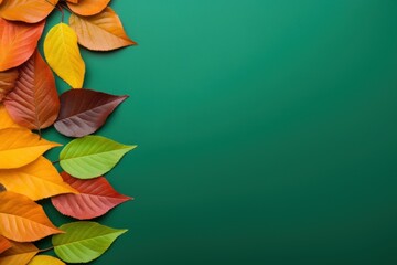  colorful leaves on a green background with a place for a text or an image to put on a card or brochure.