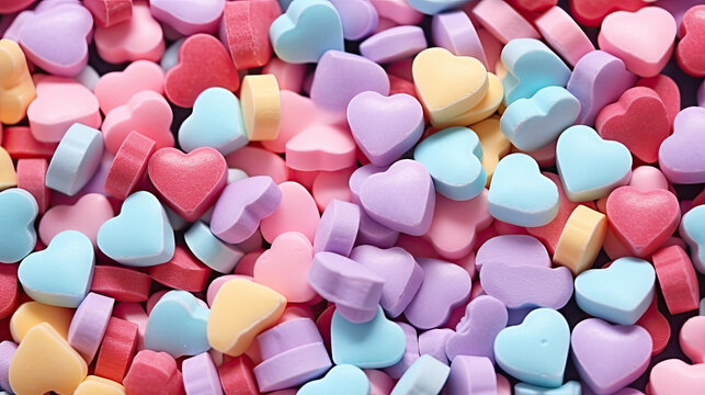 multicolor candy  hearth background, close up of  pink candy hearts,  Valentine's day
