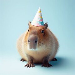 funny capybara with celebration hat - obrazy, fototapety, plakaty