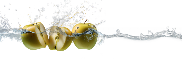 Three yellow apples falling into water. Splashing water and bubbles. Space for text. Isolated. Transparent. Semi-transparent. Can be used on any background color for your design compositions.