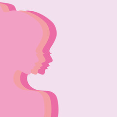 A modern, minimalist illustration of overlapping female profiles in various shades of pink, celebrating Women's Day with a focus on unity and diversity.