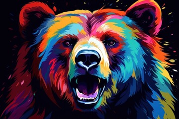  a painting of a bear's face with its mouth open and it's teeth painted multi - colored.