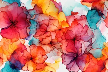  a bunch of colorful flowers that are on a white surface with blue, red, yellow, and orange colors.