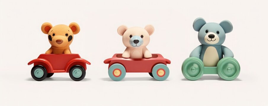 Colorful set wooden toys with bears on wheels for baby kids, on white background