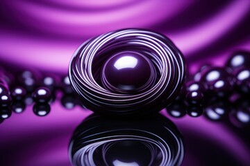  a close up of a black and purple object with a reflection on a black surface with a purple swirl in the background.