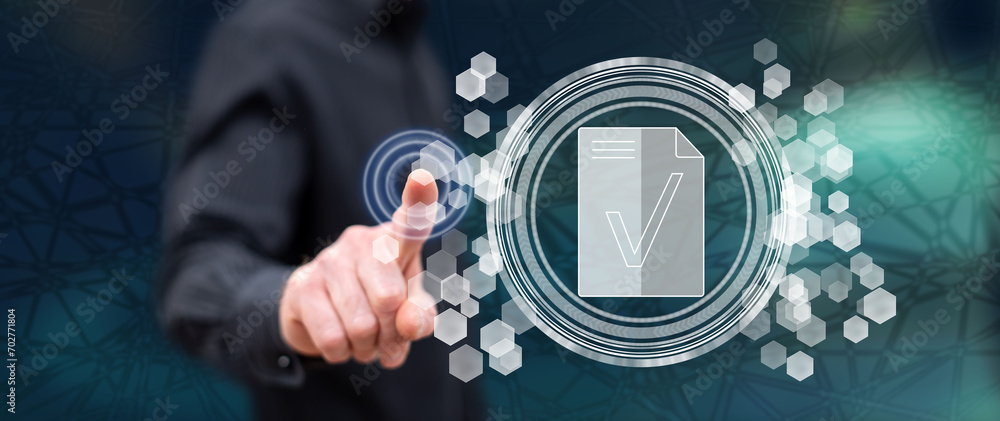 Wall mural man touching a document validation concept