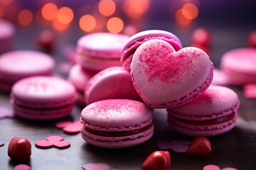 Obraz na płótnie Canvas Valentine's Day sweets. Pink macaroons heart shaped