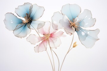  a close up of three flowers in a vase on a white surface with a light blue and pink color scheme.