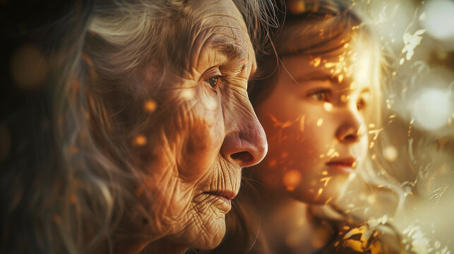 Double exposure of an older woman and a young girl seen in profile
