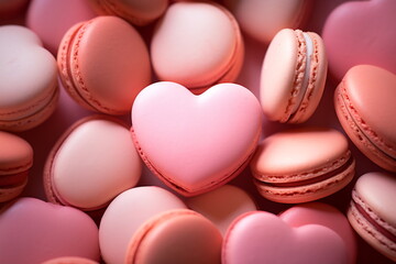 Valentine's Day sweets. Pink macaroons heart shaped - obrazy, fototapety, plakaty