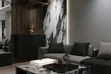 Modern interior design backdrop with minimalist decor, sleek furniture