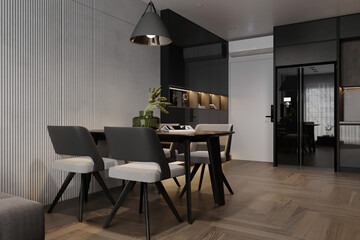 modern dinning room interior with black and gray chairs.
