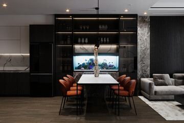 Modern kitchen, sleek design, high-end, an aquarium in the dining area.