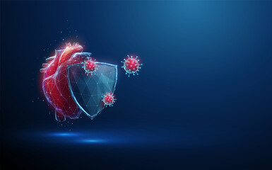 Abstract red human heart behind futuristic guard shield attacked by viruses. Heart protection Healthcare medical concept