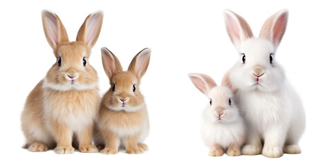 Set of adorable cute rabbits and their babies, isolated on white background
