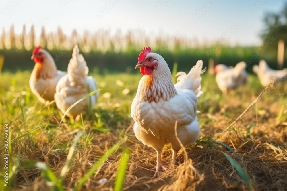 Poster  a group of white chickens standing on top of a grass covered field next to a field of tall green grass.