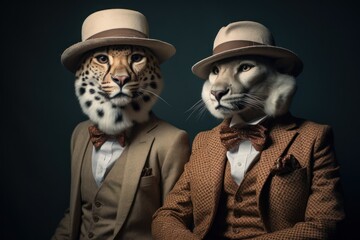  a cheetah and a cheetah in a suit and a leopard in a hat and bow tie.