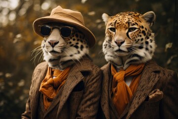  two statues of a leopard and a leopard wearing sunglasses and a brown jacket with a brown hat and orange scarf.