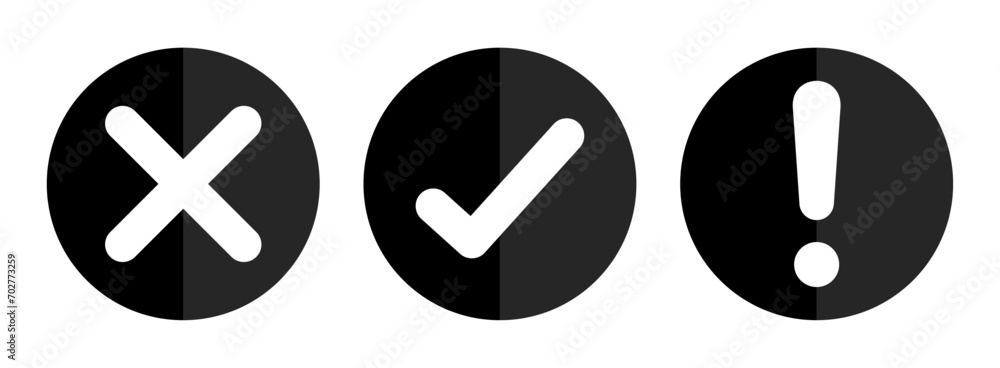 Poster right, wrong, exclamation mark in black and white. vector set of flat round check mark, x mark icons