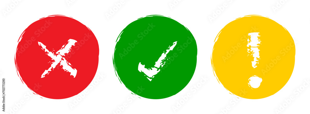 Aufkleber Right, Wrong, Exclamation mark in grunge effect. Vector set of flat round check mark, X mark icons, exclamation point. Checkmark, exclamation round sign, X mark -stock vector. Vector illustration