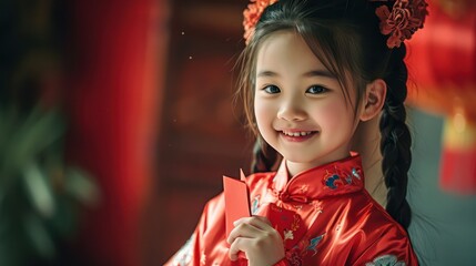 Happy Chinese girl in traditional clothes receiving red envelope for new year, Year of the dragon Chinese new year 2024, China lunar new year zodiac celebration asian cultural event gong xi fa cai - obrazy, fototapety, plakaty
