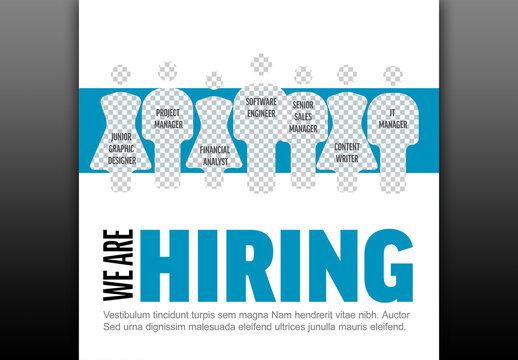 We are hiring minimalistic white blue flyer template with position names and transparent placeholder  silhouettes