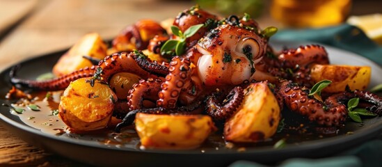 Traditional Portuguese octopus dish "Polvo a lagareiro", roasted with potatoes, ready to eat.