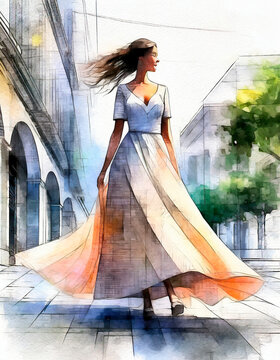 Artistic image of a woman smiling in a long white and peach colored dress and with long hair as she walks. Vertical fashion illustration.