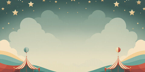 Circus background with tents, pennants and balloons in the night with stars. Frame border with place for text.