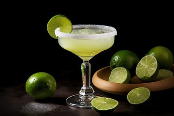  a margarita with limes around it and a bowl of limes on a table with a bowl of limes.