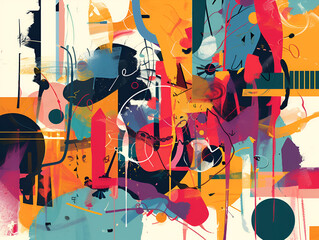 painting in abstract style with vibrant colors and illustrations, scattered composition, abstract organic shapes, dripping paint, colorful abstract composition