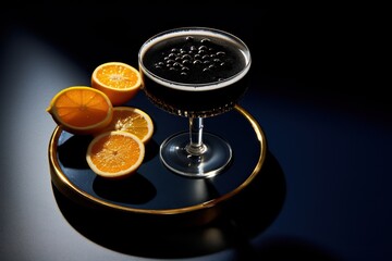  a close up of a wine glass on a plate with oranges and an orange slice on the side of the glass.