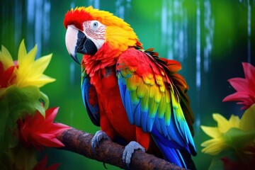  a colorful parrot perched on a branch in front of a background of leaves and flowers with drops of raindrops.